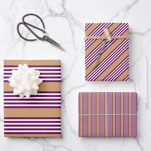 Feuille De Papier Cadeau Plum et blanc cinq bandes motif avec bronzage (Recto)