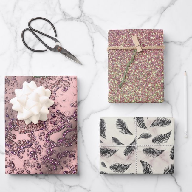 Feuille De Papier Cadeau Plumes de marbre rose (Recto)