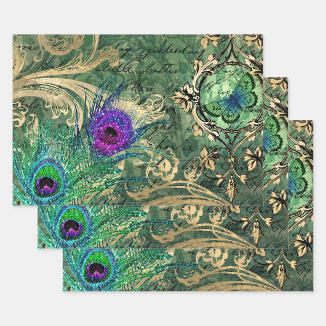 Feuille De Papier Cadeau Plumes de paon et papillon (Lot)