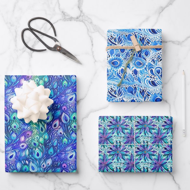 Feuille De Papier Cadeau Plumes de Peacock de Monnaie Bleue Violet (Recto)