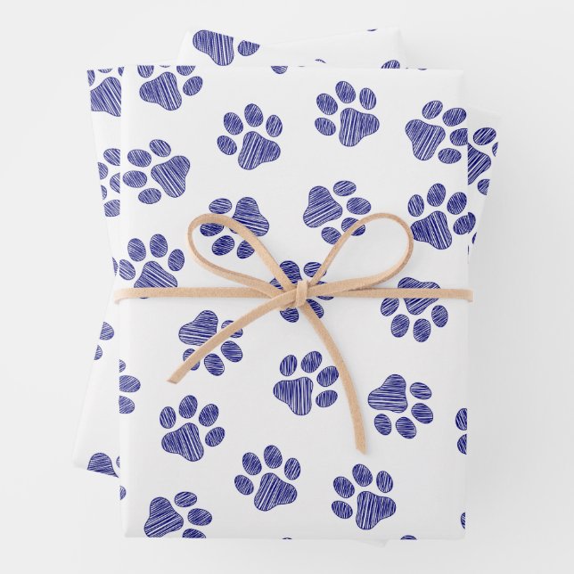 Feuille De Papier Cadeau Poches de Doodle, Paws de Chien, Paws Bleus de Mar (En situation)