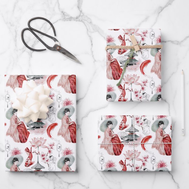 Feuille De Papier Cadeau Pogoda japonais, Geisha, Grues et Koi (Recto)