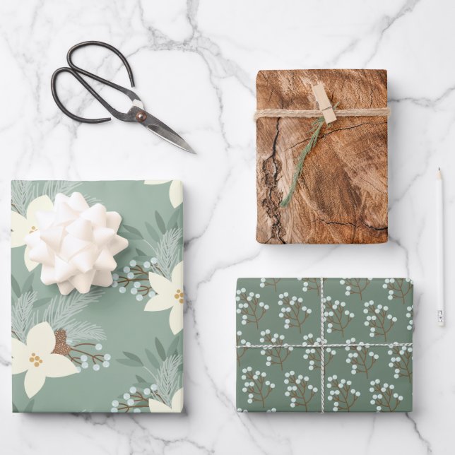 Feuille De Papier Cadeau Poinsététie Blanche Rustique Et Verdure (Recto)