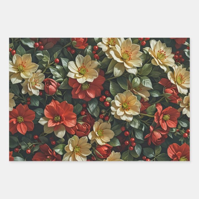 Feuille De Papier Cadeau Poinsetia, fleurs rétro en rouge et vert (Devant)