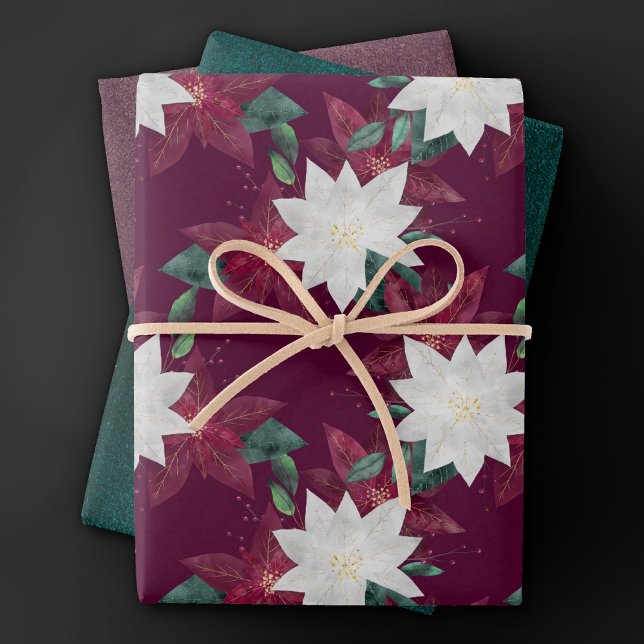 Feuille De Papier Cadeau Poinsettia Bourgogne et Turquoise vacances d'hiver (Créateur téléchargé)