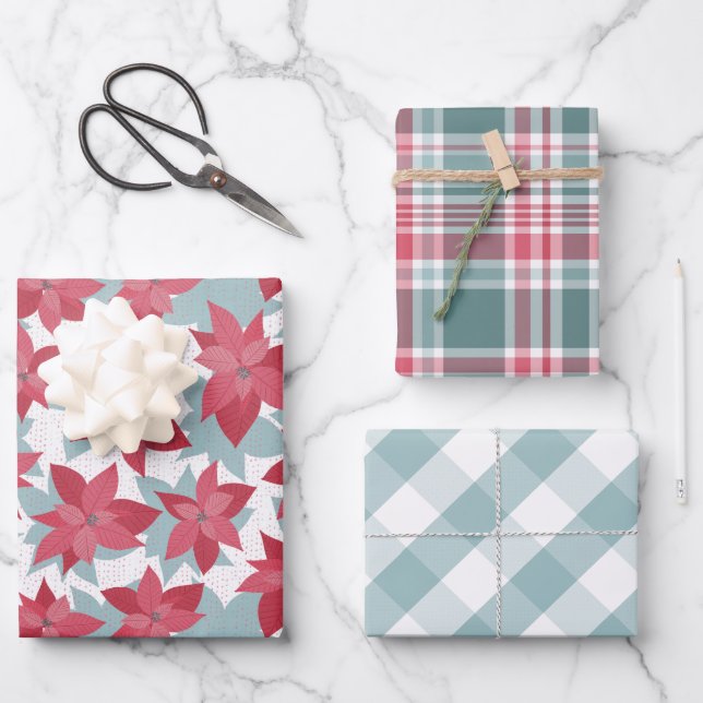 Feuille De Papier Cadeau Poinsettia Buffalo Check + Plaid (Recto)