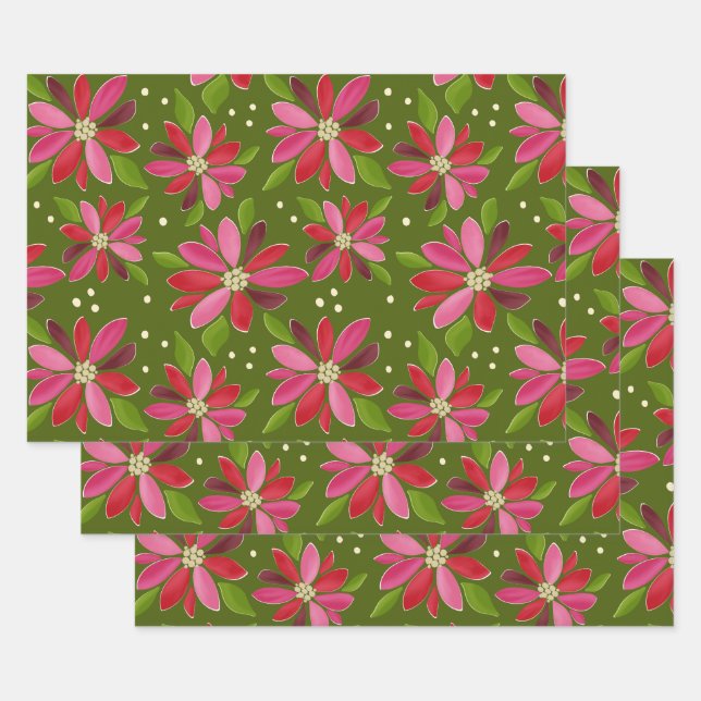 Feuille De Papier Cadeau Poinsettia cadeau vert emballage 3 pack (Lot)