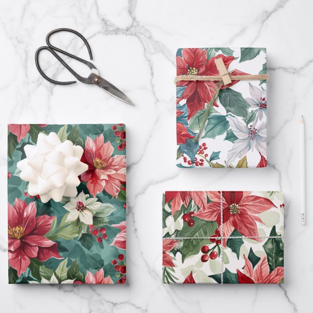 Feuille De Papier Cadeau Poinsettia de Noël classique (Recto)