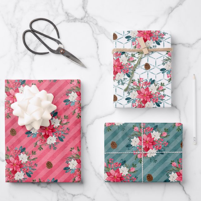 Feuille De Papier Cadeau Poinsettia de Noël et Cardinal Red Wrapping Pap (Recto)