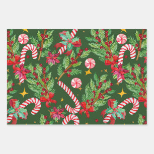 Feuille De Papier Cadeau Poinsettia de Noël festif, baie de houx, bonbon 