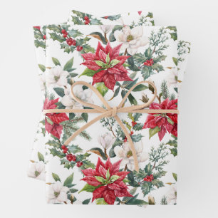 Feuille De Papier Cadeau Poinsettia de Noël, Fleurs de Camellia & Berries