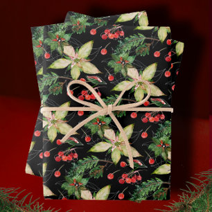 Feuille De Papier Cadeau Poinsettia et baies élégantes sur le noir