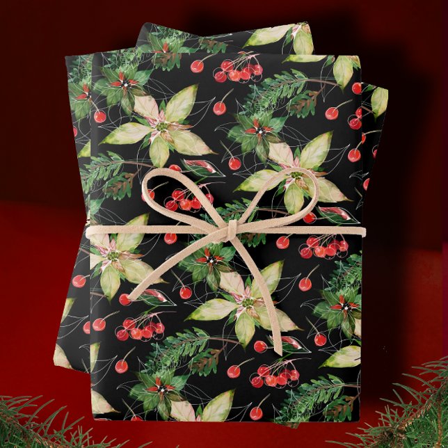 Feuille De Papier Cadeau Poinsettia et baies élégantes sur le noir (Créateur téléchargé)