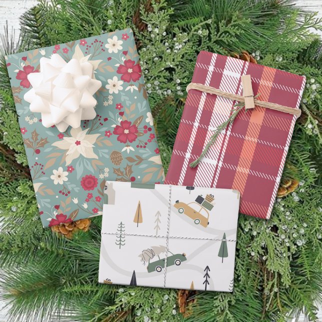 Feuille De Papier Cadeau Poinsettia Plaid hiver Noël traditionnel (Créateur téléchargé)