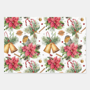 Feuille De Papier Cadeau Poinsettia, robin, cloches, bougies, mûre rouge