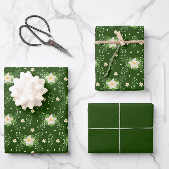 Feuille De Papier Cadeau Poinsettias blanches sur Arrière - plan vert (Recto)