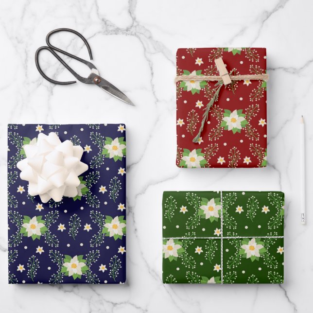 Feuille De Papier Cadeau Poinsettias blanches sur vert rouge et bleu Arrièr (Recto)