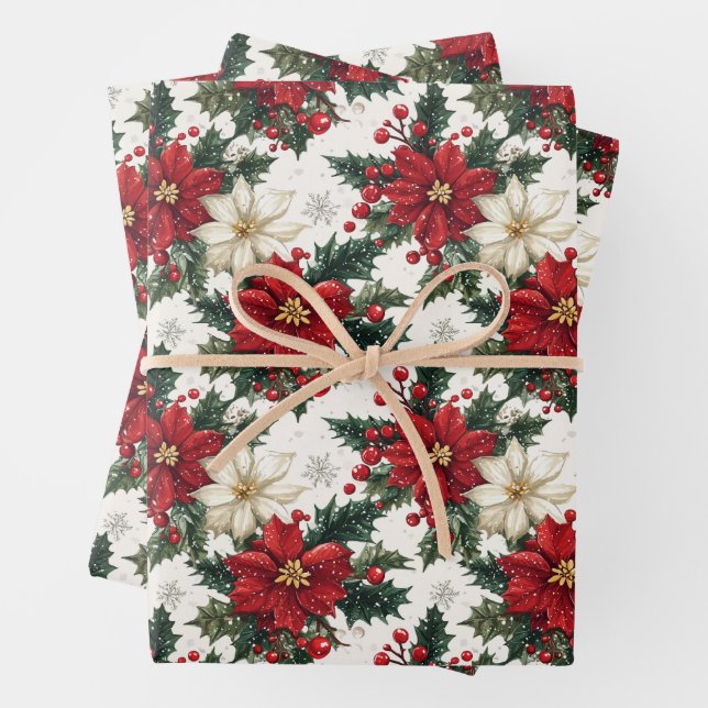 Feuille De Papier Cadeau Poinsettias et verdure élégants (En situation)