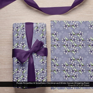 Feuille De Papier Cadeau Poinsettias pourpres et flocons de neige Noël