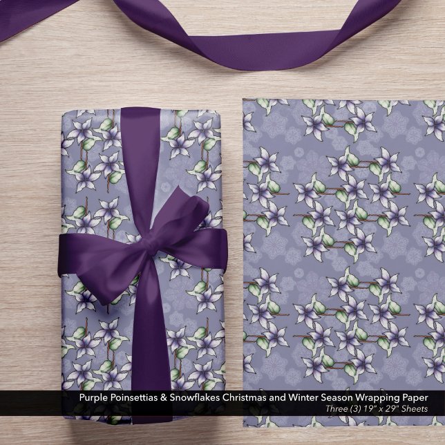 Feuille De Papier Cadeau Poinsettias pourpres et flocons de neige Noël (Red Poinsettias & Snowflakes Christmas and Winter Season Wrapping Paper Sheets)