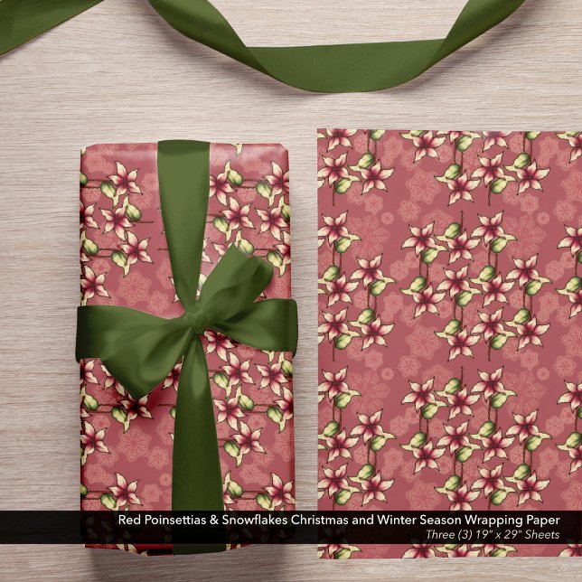 Feuille De Papier Cadeau Poinsettias rouges et flocons de neige Noël hiver (Red Poinsettias & Snowflakes Christmas and Winter Season Wrapping Paper Sheets)
