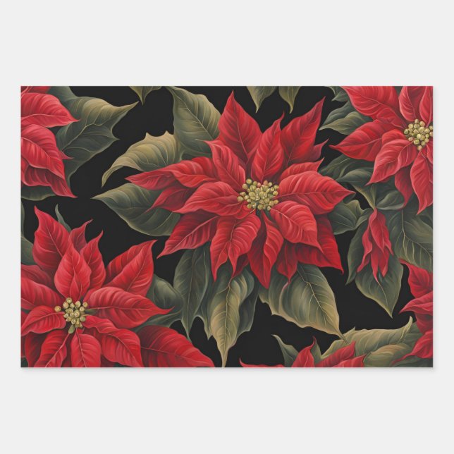 Feuille De Papier Cadeau Poinsettias rouges Fleurs noires de Noël (Devant)