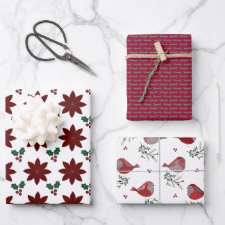 Feuille De Papier Cadeau Poinsettias, Stipples, Birdies - 