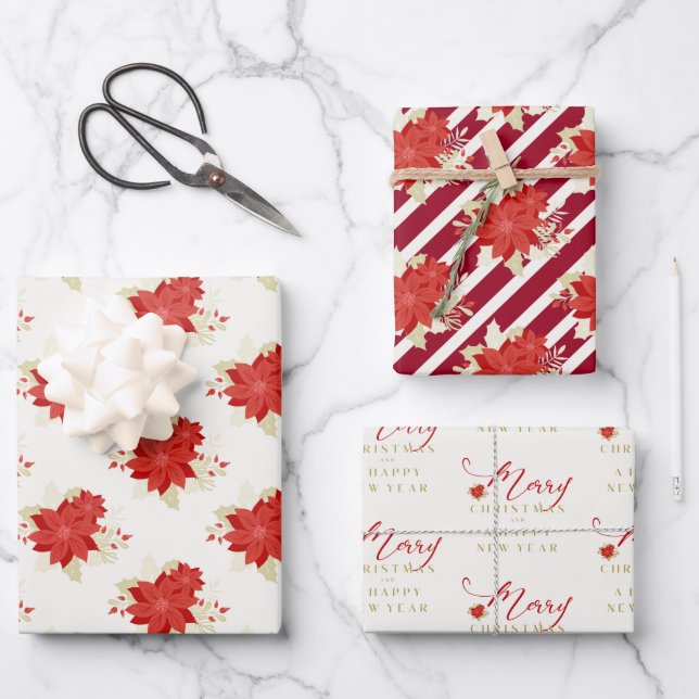 Feuille De Papier Cadeau Poinsettias Whimsical Merry Christmas (Recto)