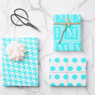 Feuille De Papier Cadeau Point Polka de Monogramme Turquoise Houndstooth