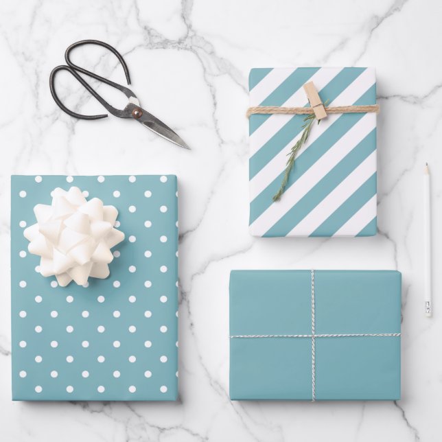 Feuille De Papier Cadeau Pointe et bande Polka bleu et blanc Aqua (Recto)
