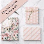 Feuille De Papier Cadeau Points blancs aquarelle rose rayé<br><div class="desc">Cet élégant ensemble de papier d'emballage de 3 feuilles présente des motifs coordonnés rose blush, ivoire et vert sauge inspirés des florales aquarelles. L'ensemble comprend une feuille avec des fleurs romantiques, une avec des pois blancs ludiques sur fond rose blush et une avec des rayures diagonales douces rose blush et...</div>