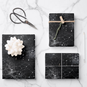 Feuille De Papier Cadeau Points blancs et toiles sur fond noir
