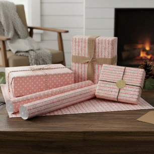 Feuille De Papier Cadeau Points blancs Rayures Rose pêche Mauve rosé