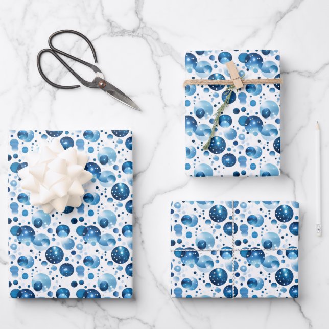 Feuille De Papier Cadeau Points bleus sur fond blanc  (Recto)