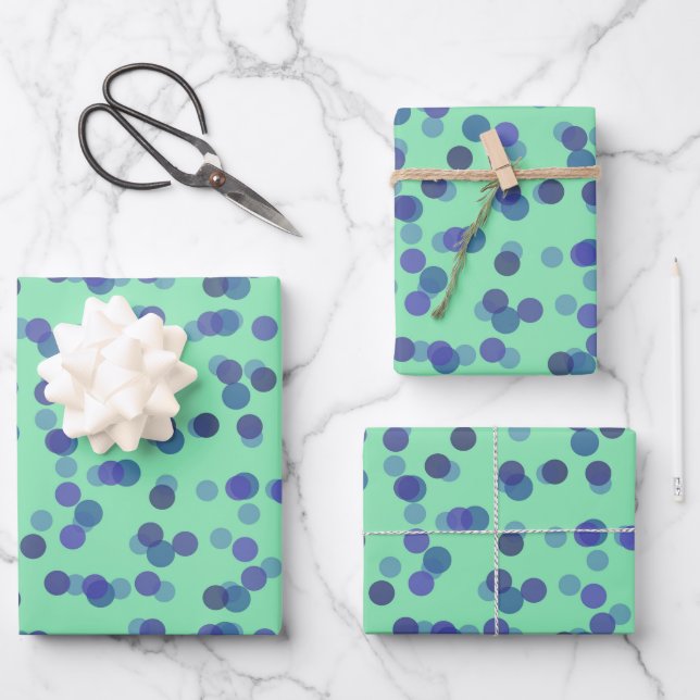 Feuille De Papier Cadeau points bleus, violets et turquoise clair (Recto)
