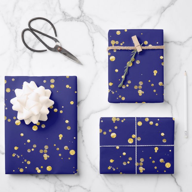 Feuille De Papier Cadeau Points de confettis dorés bleu minuit  (Recto)