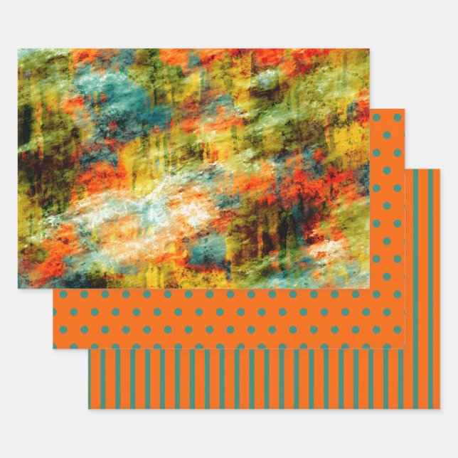 Feuille De Papier Cadeau Points de polka Orange sarcelle Aquarelle Rayure (Lot)