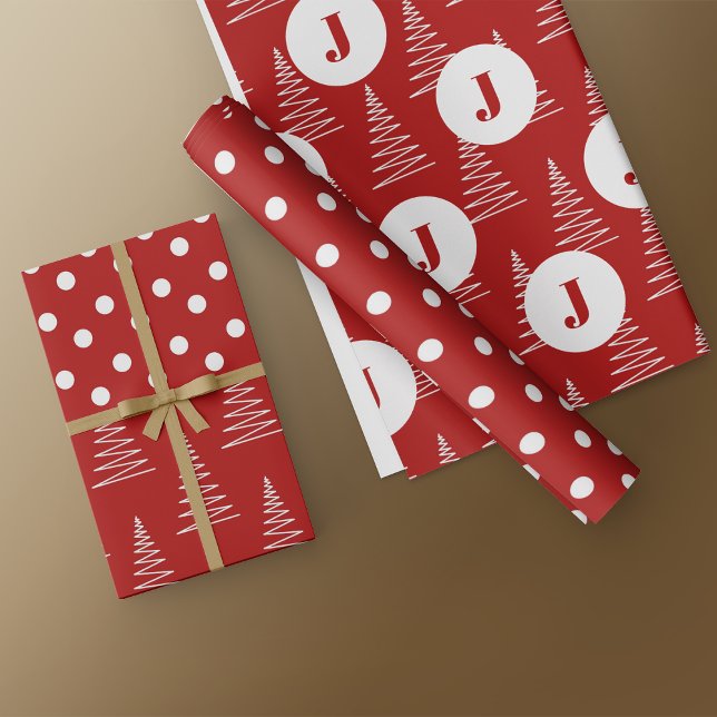 Feuille De Papier Cadeau Points et arbres de Noël Monogramme personnalisé R (Créateur téléchargé)