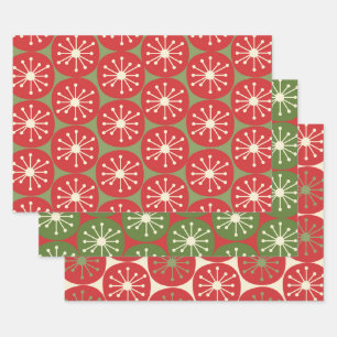 Feuille De Papier Cadeau Points rétro de l'âge atomique en Crème rouge vert