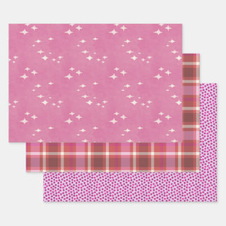Feuille De Papier Cadeau Points roses chauds, étoiles et plaid