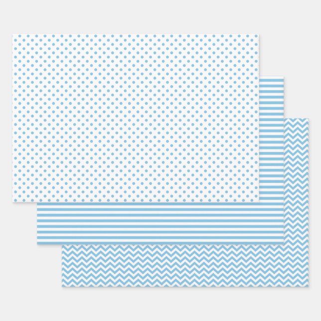 Feuille De Papier Cadeau Pois Chevron aux couleurs bleu clair et blanc (Lot)