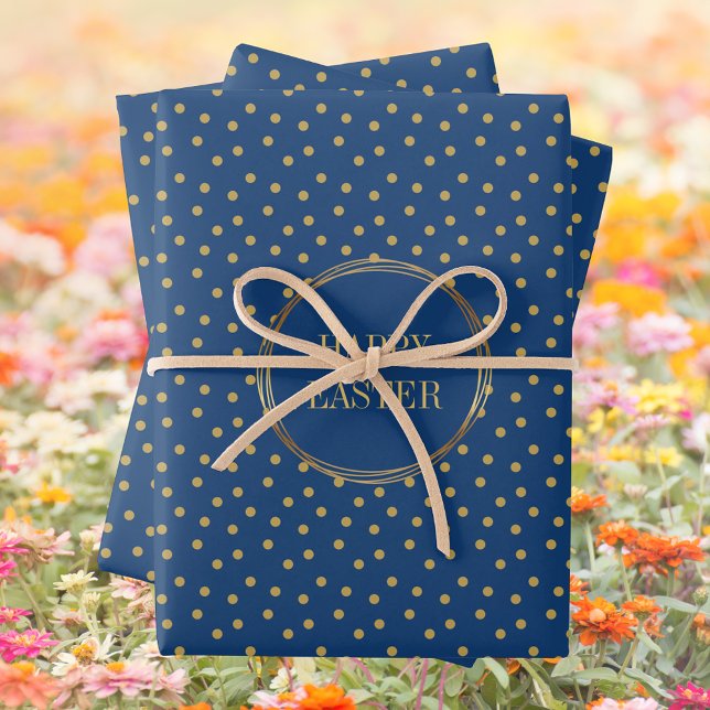 Feuille De Papier Cadeau Pois d'or moderne mignon Christian Happy Pâques (Cute Modern Blue Gold Polka Dots Christian Happy Easter Wrapping Paper Sheets)