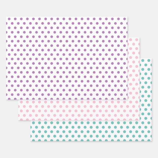 Feuille De Papier Cadeau Pois en rose, bleu et lavendar (Lot)
