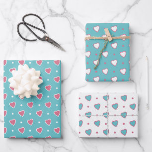 Feuille De Papier Cadeau Pois et coeurs bleus et roses Valentines