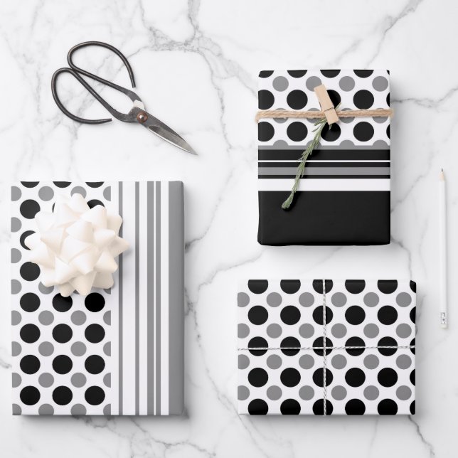 Feuille De Papier Cadeau Pois gris et noir (Recto)