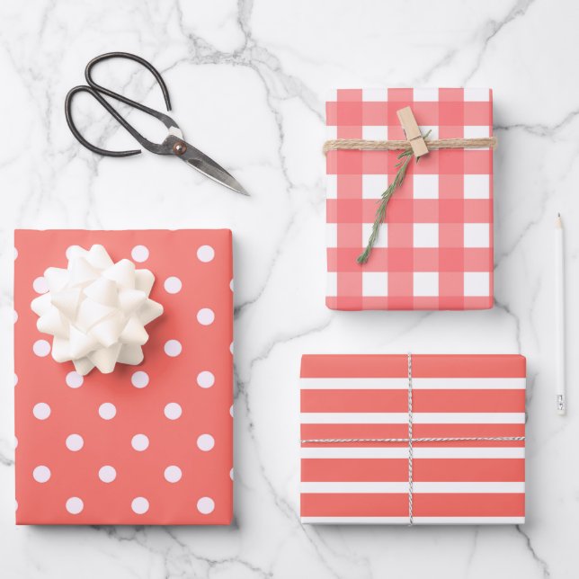Feuille De Papier Cadeau Pois, rayures et motifs Gingham en corail (Recto)