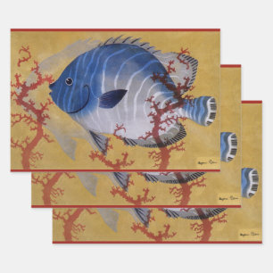 Feuille De Papier Cadeau Poisson bleu tropical Vie marine corallienne vinta