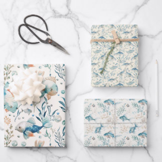 Feuille De Papier Cadeau Poisson d'aquarelle et Motif d'algues sur blanc ca