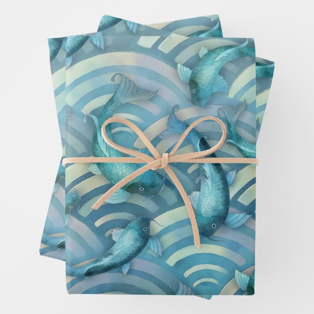 Feuille De Papier Cadeau Poisson de carpe bleue Koi (En situation)