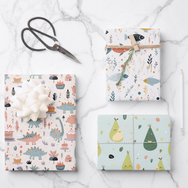 Feuille De Papier Cadeau Poisson, Dinos et Avo (Recto)